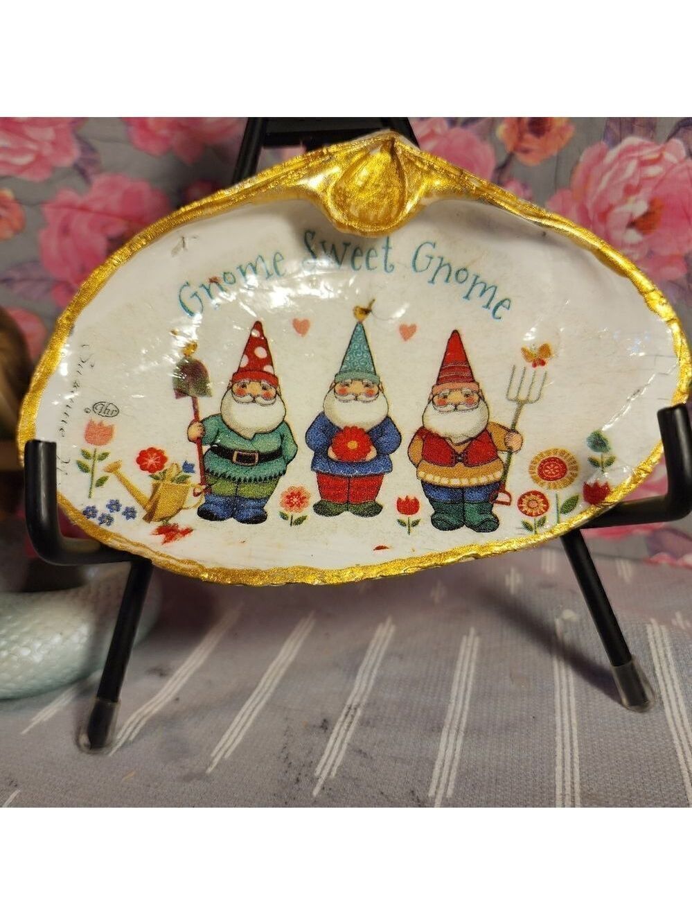 DECOUPAGE CLAM SHELL DECOUPAGE GNOME SWEET GNOME CLAM SHELL TRINKET DISH